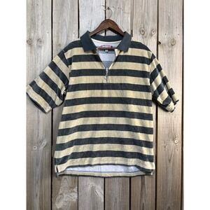 Urban Outfitters‎ Striped Velvet 1/4 Zip Polo Shirt Men's S Beige Gray Stripe